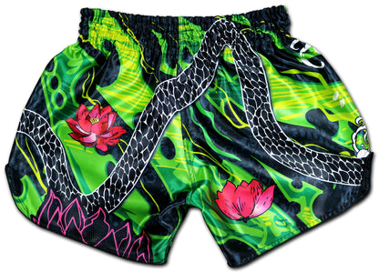 Black Cobra Muay Thai Shorts back view - green black cobra snake design with lotus flowers
