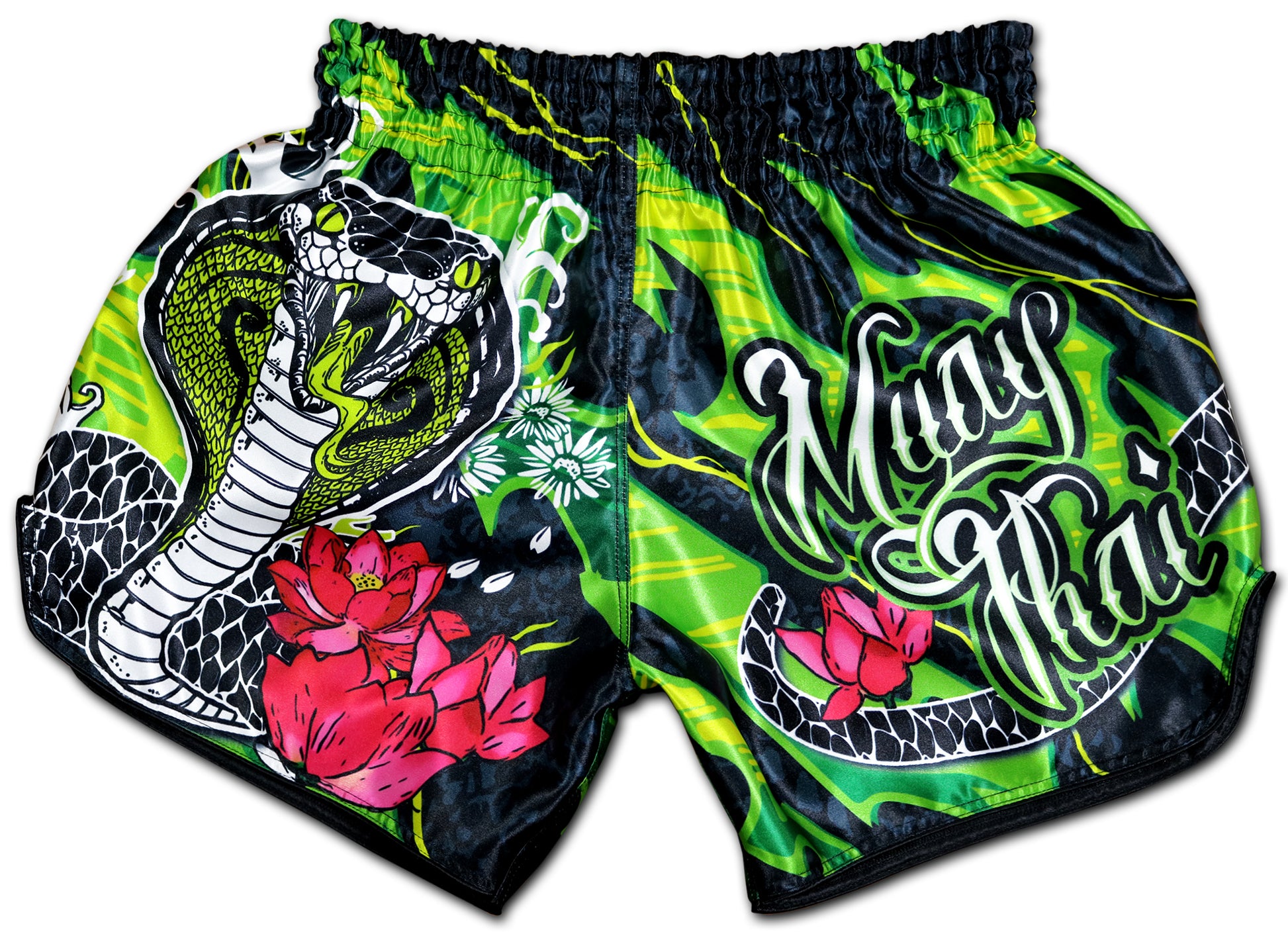 Black Cobra Muay Thai Shorts in black and poison green with cobra design and lotus blossoms, handmade in Thailand