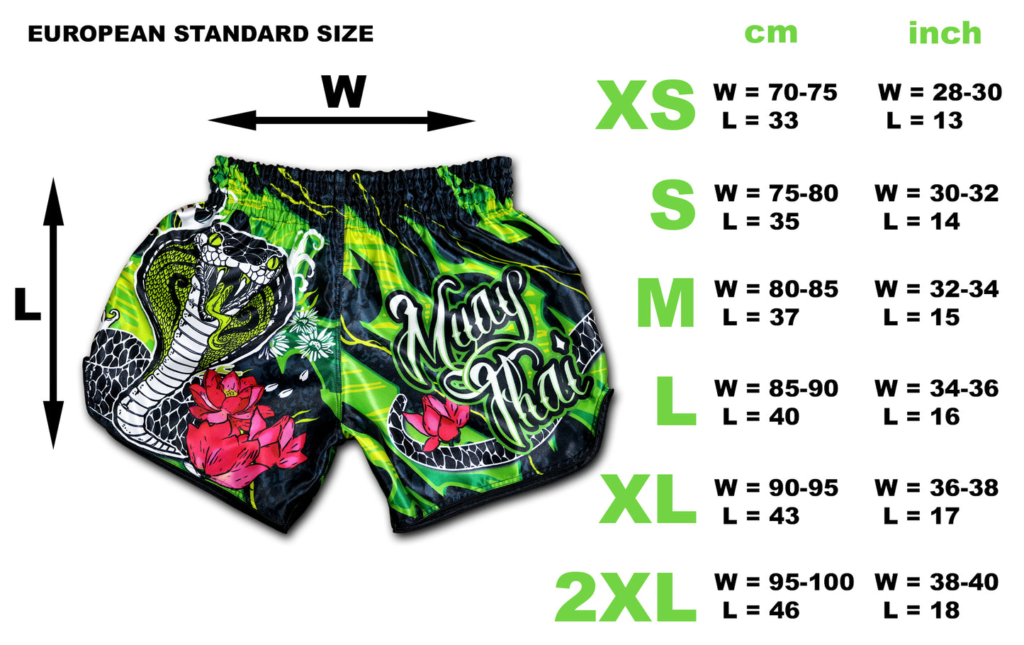 Black Cobra Muay Thai Shorts size chart - European standard sizes XS to 2XL in cm and inch