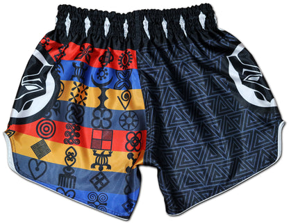 Back view of BLACK PANTHER Adinkra Muay Thai fight shorts showing geometric triangle pattern and African Adinkra symbol stripes
