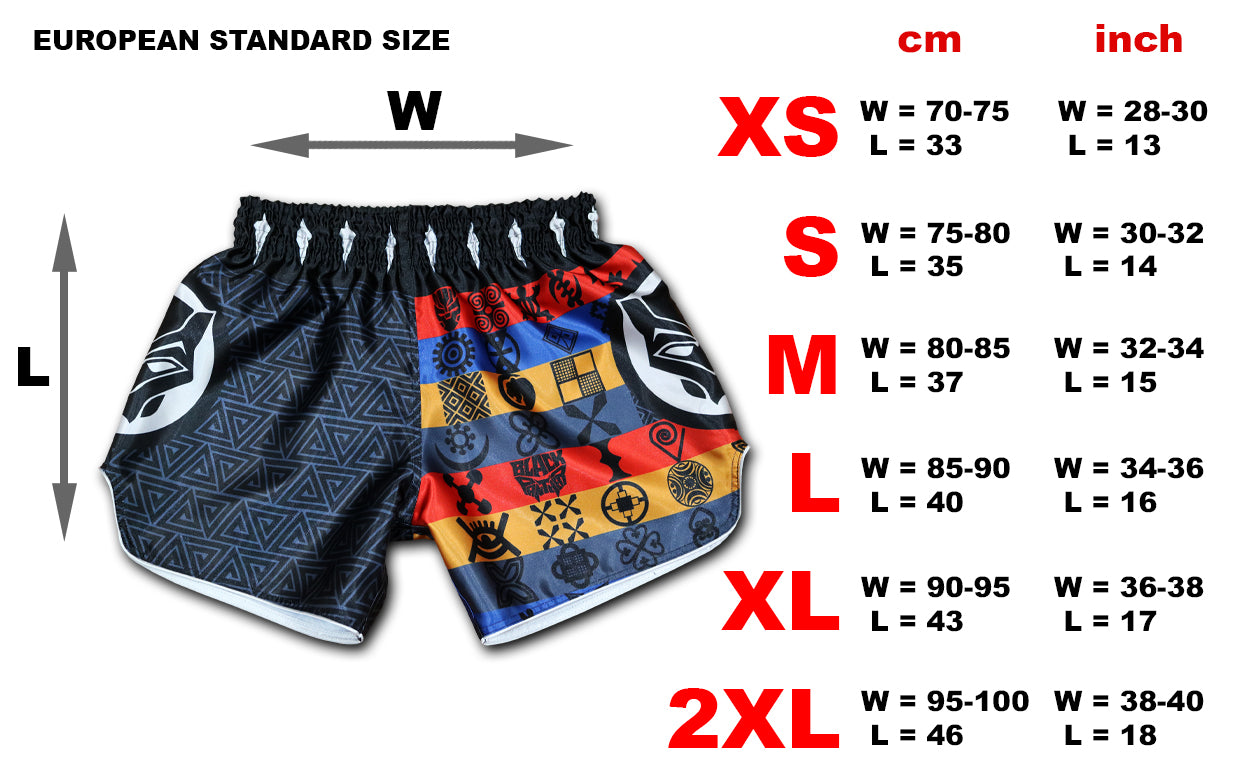 BLACK PANTHER Adinkra Muay Thai fight shorts European size chart from XS to 2XL with measurements in cm and inch