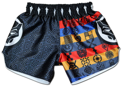 BLACK PANTHER Adinkra Muay Thai Fight Shorts in black with red blue and gold Adinkra symbol stripes and white panther mask emblem