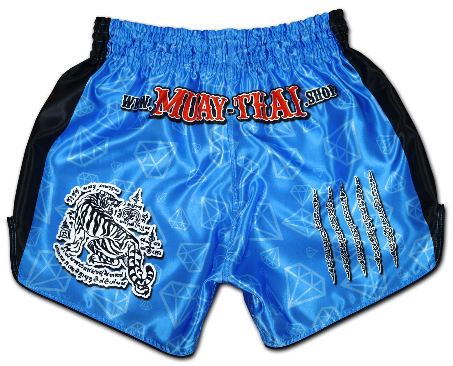 Blue Corner fightshorts back view, Sak Yant tiger print and Thai blessing script on blue diamond satin with black side panels