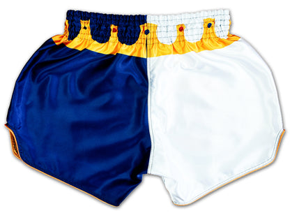 Back view of Brawler King Muay Thai Shorts with blue and white split color design