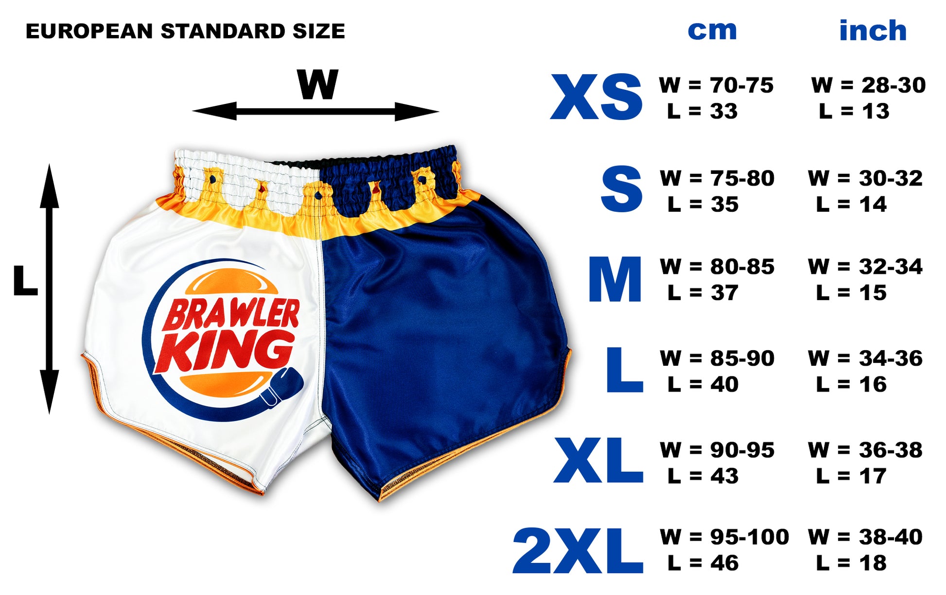 Brawler King Muay Thai Shorts size chart with European sizing in cm and inch