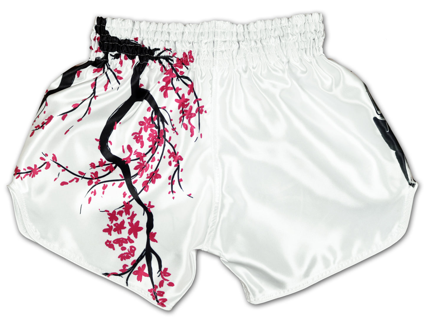 Back view of Cherry Blossom Samurai Thai boxing shorts in clean white satin with an elasticated waistband and flowing pink cherry blossom branches stretching across the left side