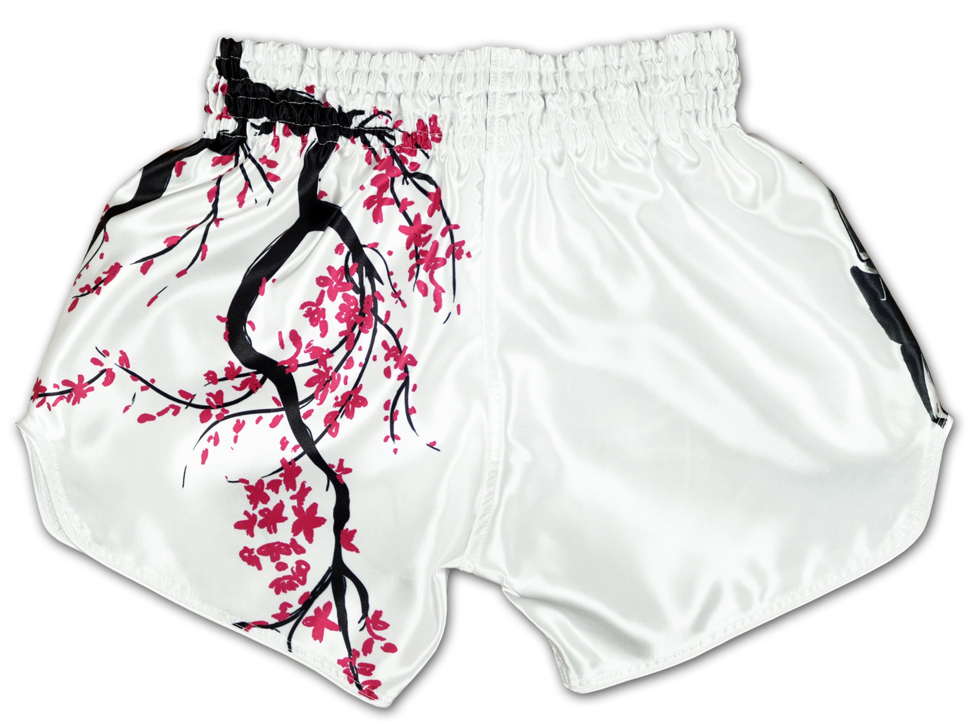 Back view of Cherry Blossom Samurai Thai boxing shorts in clean white satin with an elasticated waistband and flowing pink cherry blossom branches stretching across the left side