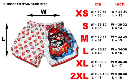 European size chart for DARUMA satin fight shorts from XS to 2XL with cm and inch measurements