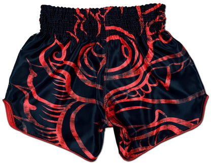 Back view of Dragon Master Mixed Martial Arts Shorts with detailed red dragon design on black satin 