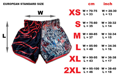 Size chart for Dragon Master Mixed Martial Arts Shorts with waist and length measurements from XS to 2XL