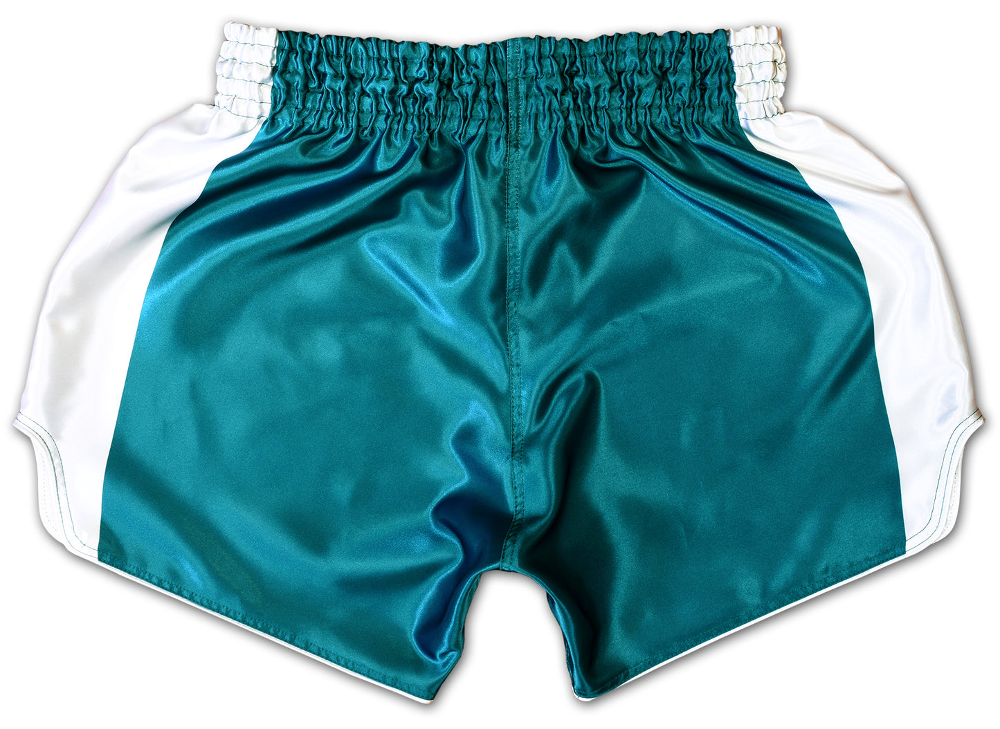 Back view of teal green satin muay thai training shorts with clean white side panels and elastic drawstring waistband