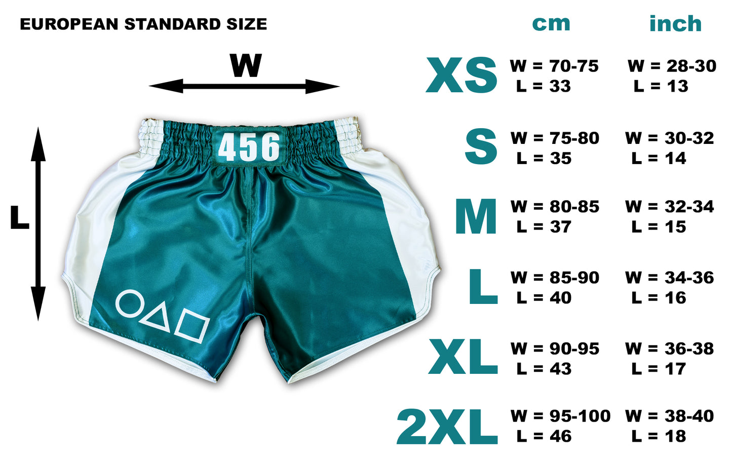Size chart for Muay Thai training shorts in European standard sizes XS to 2XL with waist and length measurements