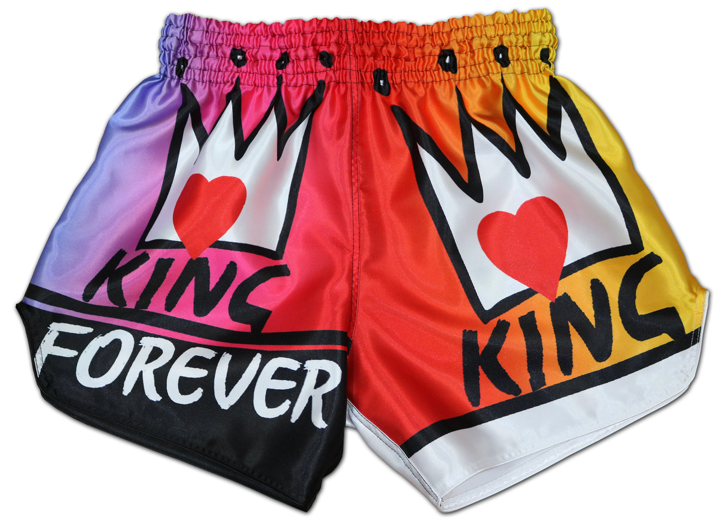 Front view of KING Forever LGBTQ Rainbow Pride Muay Thai Boxing Trunks in violet, pink, red, orange and yellow gradient with black crown and red heart logo