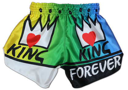 European size chart for KING Forever Rainbow Pride Boxing Trunks in cm and inches from XS to 2XL