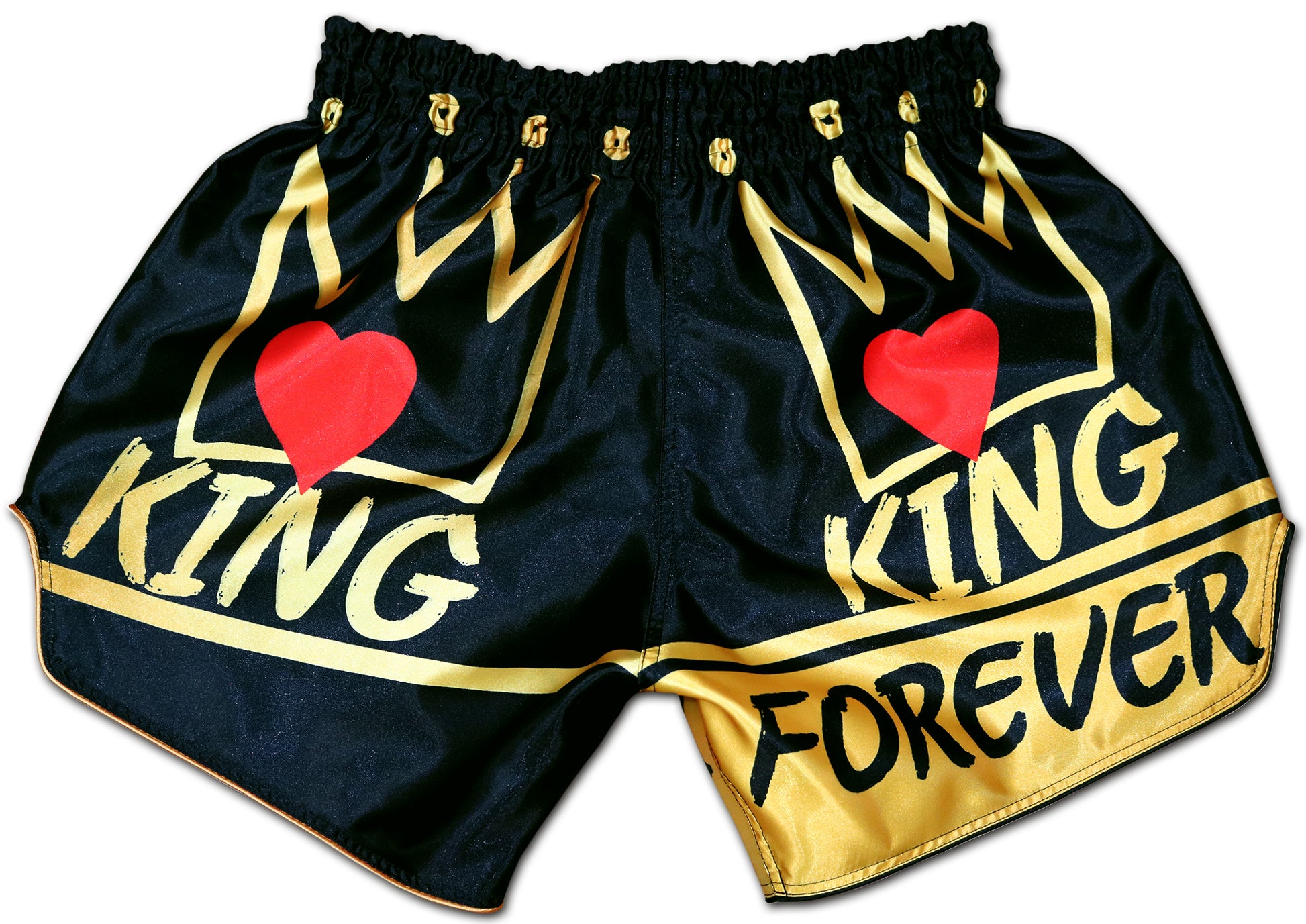 Back view of black KING Forever Muay Thai Boxing Shorts with bold gold crown design and KING FOREVER lettering