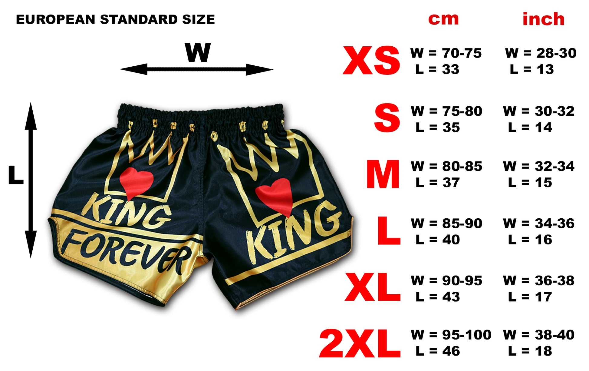 The pictures shows the KING Forver Muay Thai boxing shorts with the measurements in cm and inch for the size XS, S, M, L, XL and 2XL