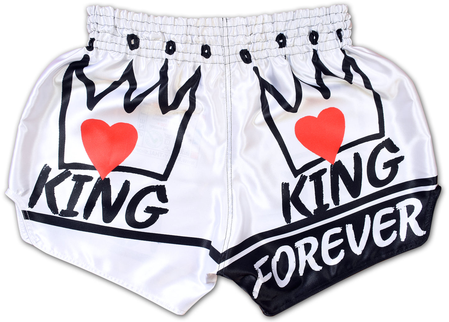 Backvief of the KING Forever Muay Thai Boxing Shorts in white with black lettering and crown design