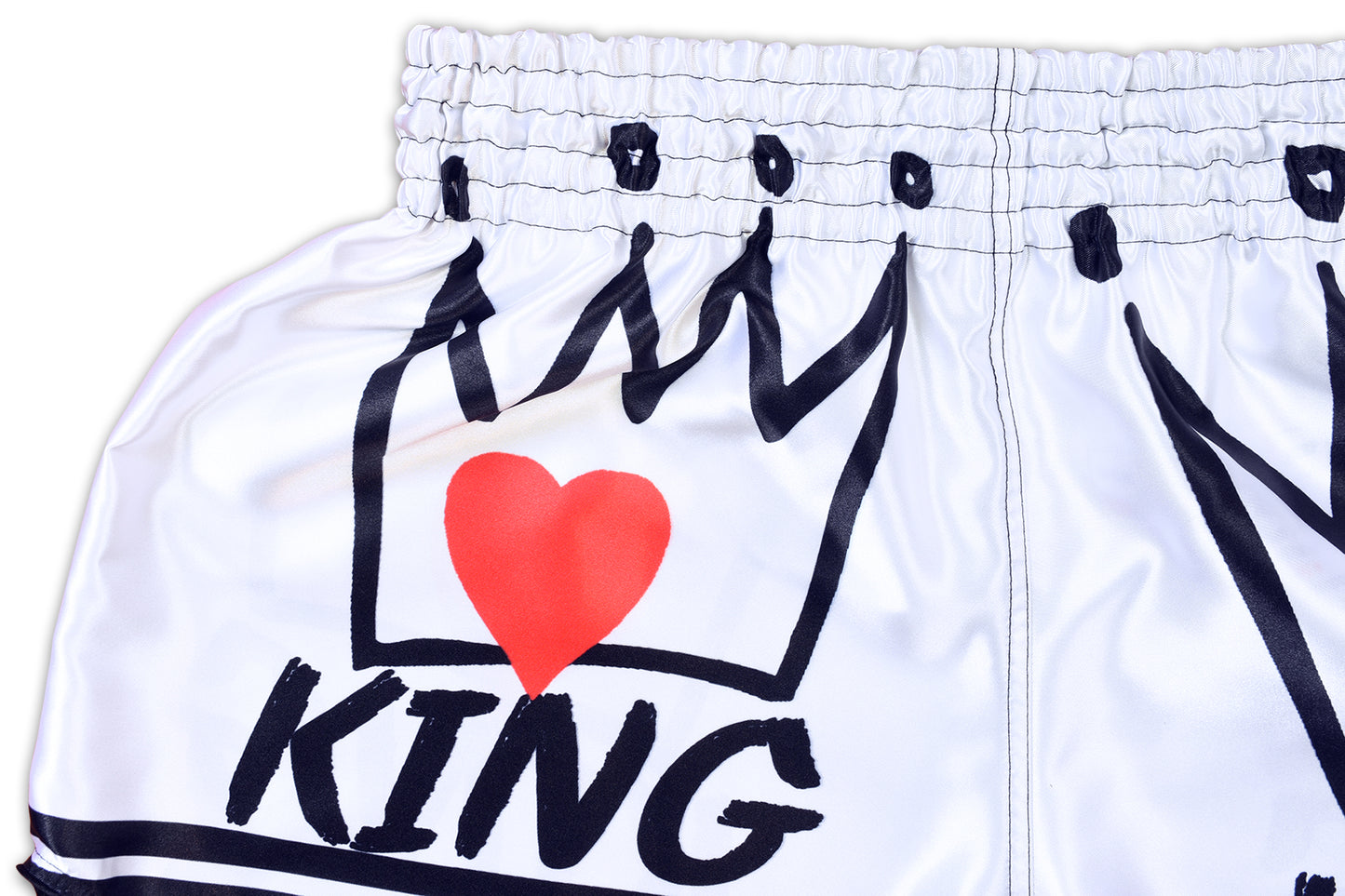 Detail of waistband stitching and sublimated print on KING Forever Muay Thai Boxing Shorts in white