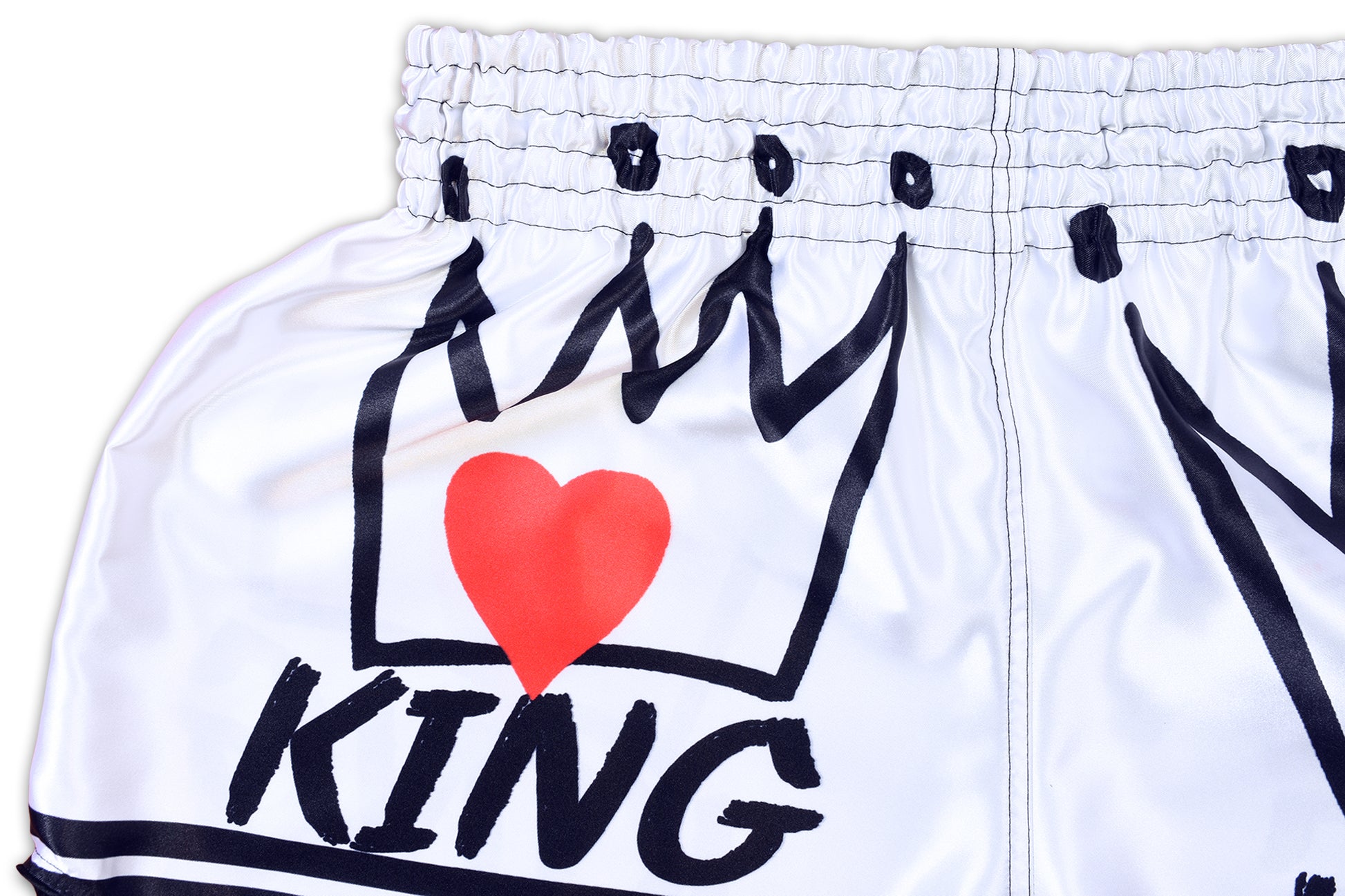 Detail of waistband stitching and sublimated print on KING Forever Muay Thai Boxing Shorts in white