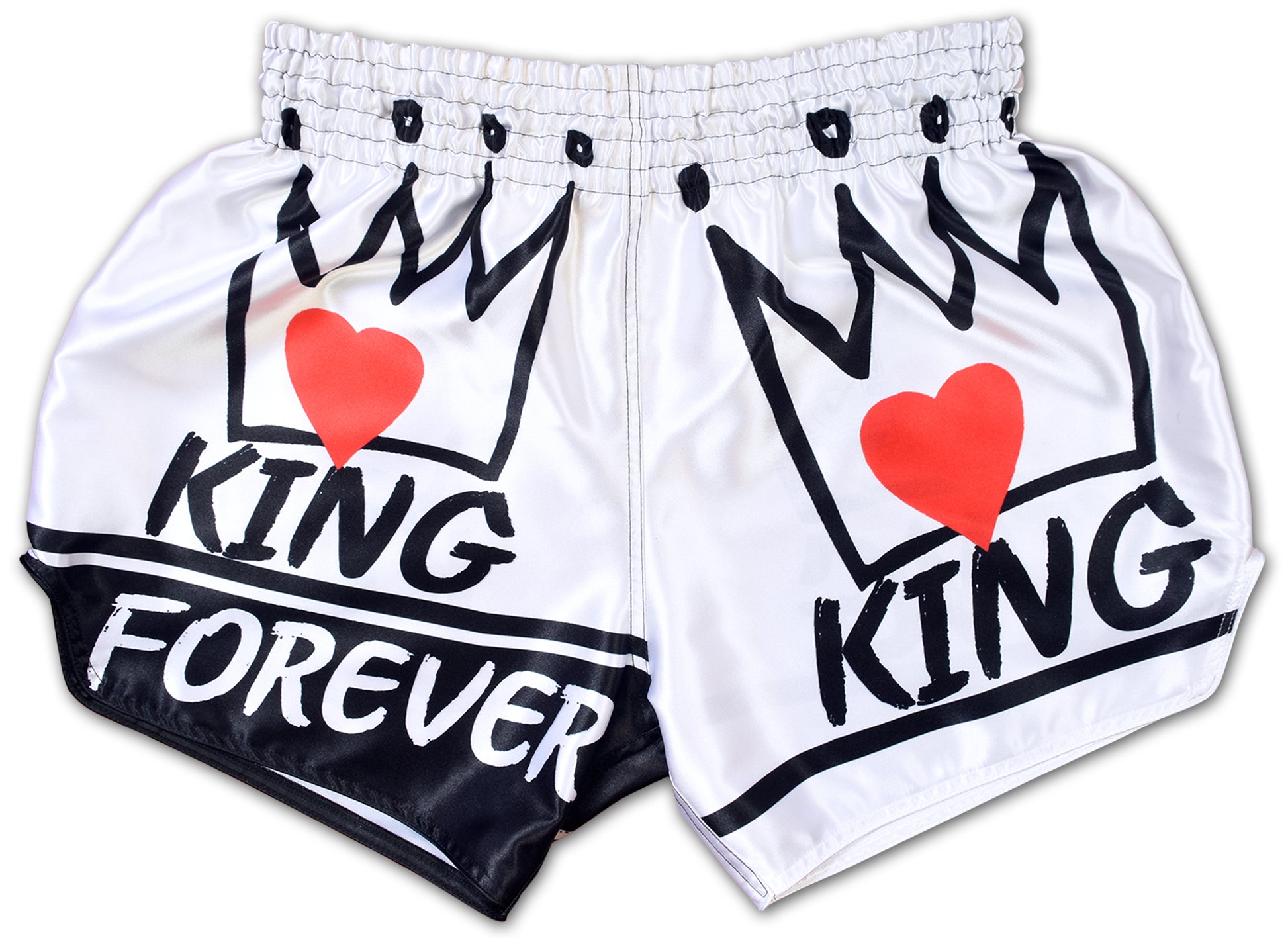 KING Forever Muay Thai Boxing Shorts in white front view with black crown graphics and red hearts