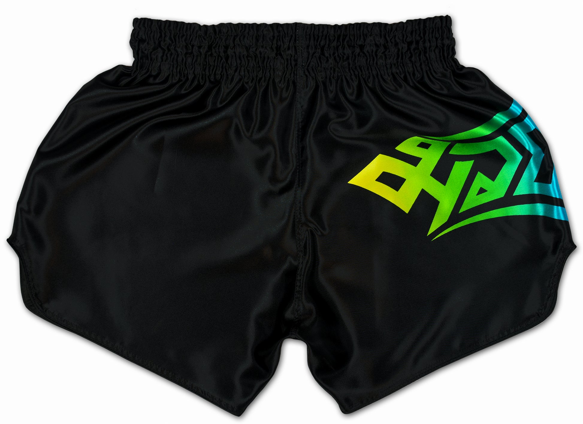 LGBTQ+ Muay Thai Boxing Shorts rainbow back view showing black satin with colorful Samurai Tribal design