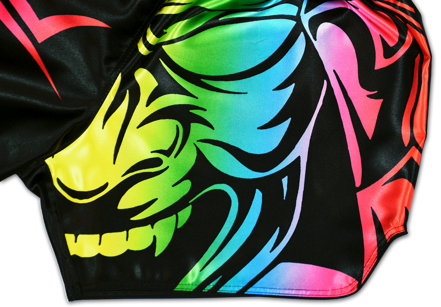LGBTQ+ Muay Thai Boxing Shorts rainbow detail showing Samurai Tribal mask in full rainbow colors on black background