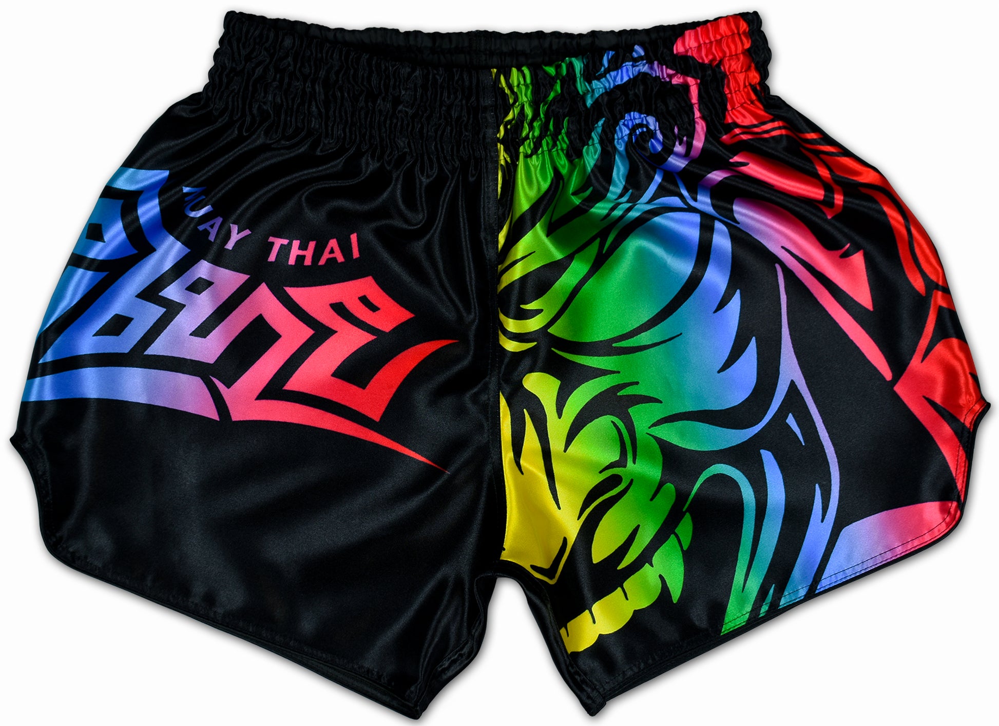 LGBTQ+ Muay Thai Boxing Shorts in rainbow colors with Samurai Tribal design and Muay Thai script handmade by a Ladyboy in Thailand
