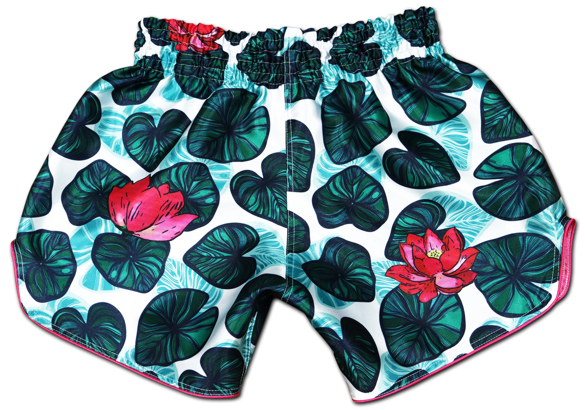 Back view of Lotus Flower Muay Thai Shorts with tropical lotus flower pattern