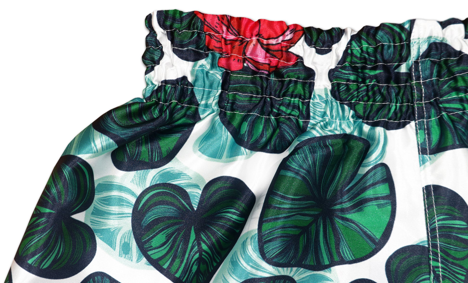 Detail of elastic waistband stitching on Lotus Flower Muay Thai Shorts