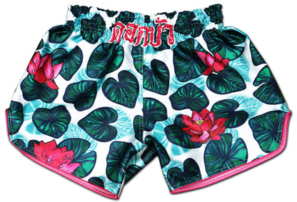 Lotus Flower Muay Thai Shorts with pink lotus blossoms and green lily pad design