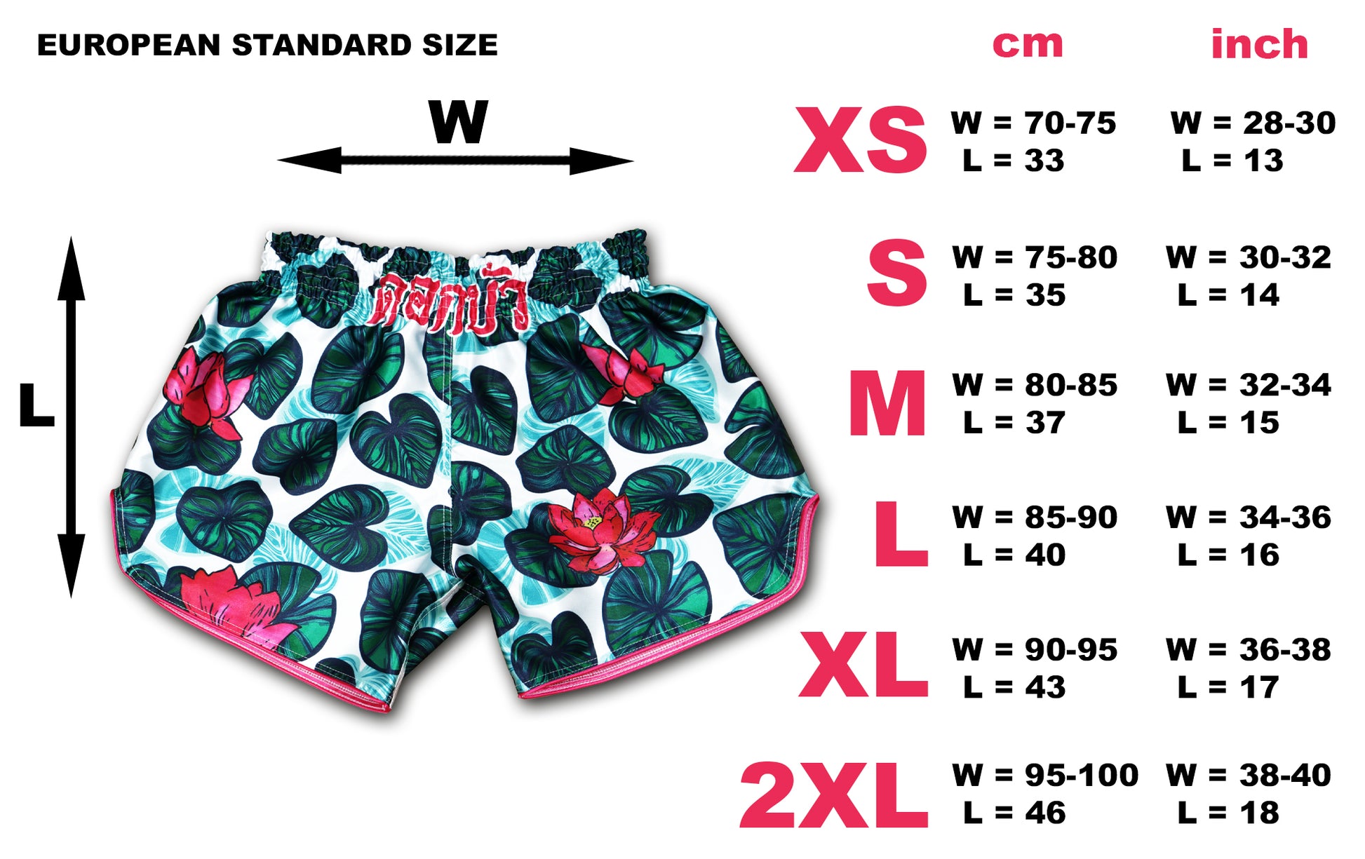 Size chart for Lotus Flower Muay Thai Shorts with European standard measurements