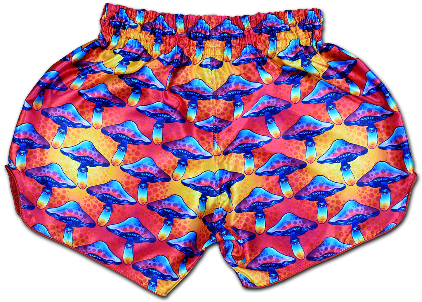Back side of Magic Mushroom Muay Thai Boxing Shorts with colorful psychedelic mushroom pattern