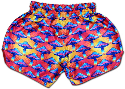 Back side of Magic Mushroom Muay Thai Boxing Shorts with colorful psychedelic mushroom pattern
