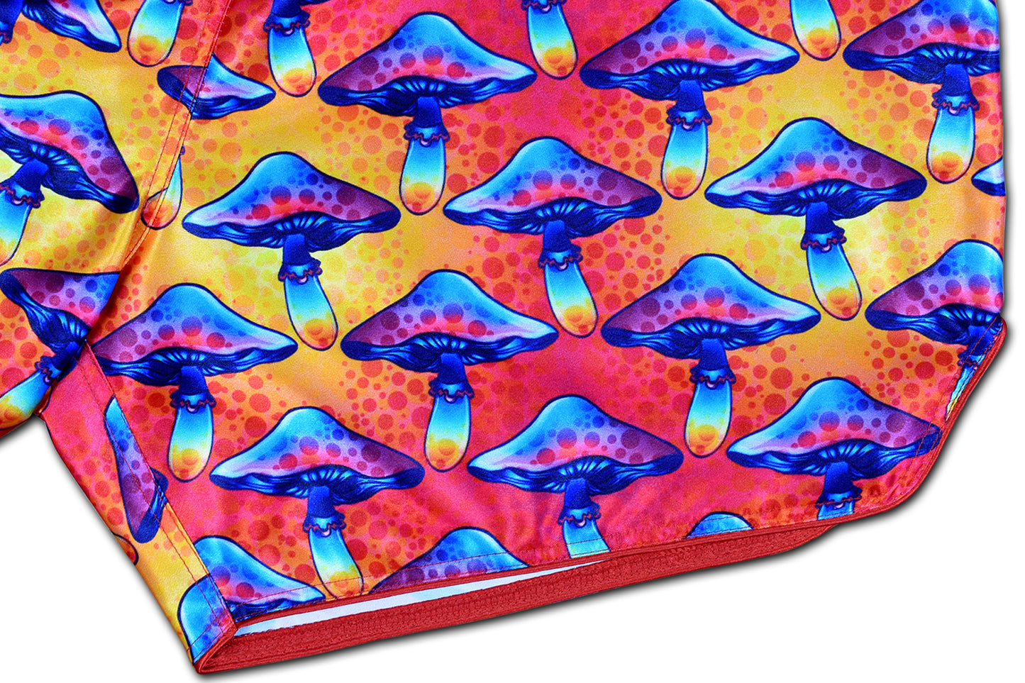 Close up of colorful mushroom artwork and premium satin fabric on Magic Mushroom Muay Thai Boxing Shorts