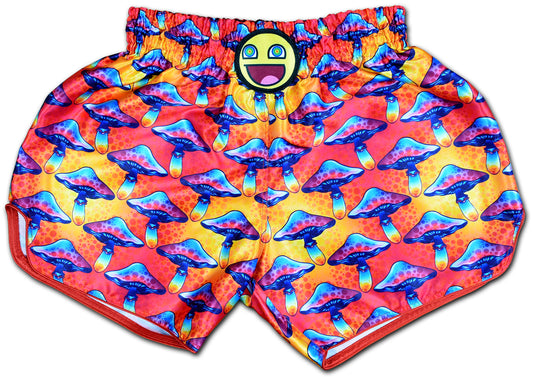 Magic Mushroom Muay Thai Boxing Shorts with psychedelic mushroom artwork in pink, orange and blue colors