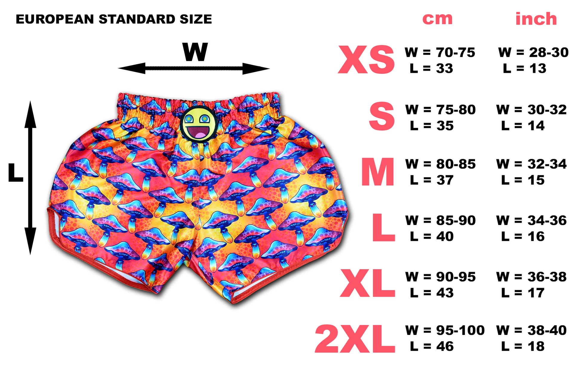 European standard size chart for Magic Mushroom Muay Thai Boxing Shorts in XS to 2XL