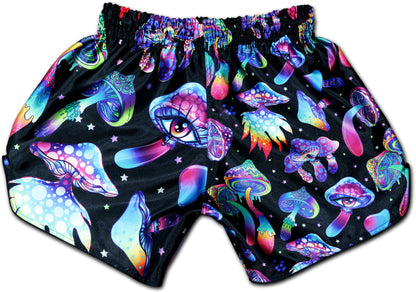 Back side of Magic Mushrooms Muay Thai Shorts with psychedelic mushroom artwork and neon colors