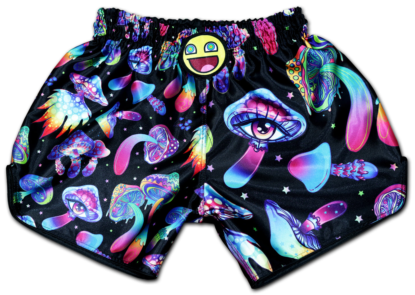 Magic Mushrooms Muay Thai Shorts with psychedelic mushroom artwork and neon colors on black satin