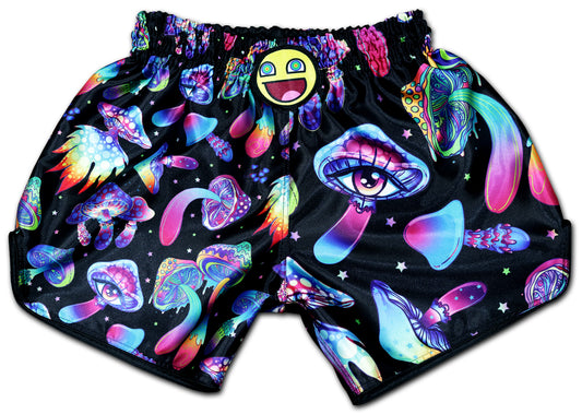 Magic Mushrooms Muay Thai Shorts with psychedelic mushroom artwork and neon colors on black satin