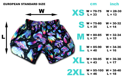 Magic Mushrooms Muay Thai Shorts size chart with European measurements in cm and inch