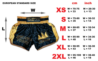 Size chart for Muay Thai King boxing shorts in black and gold with European standard measurements from XS to 2XL