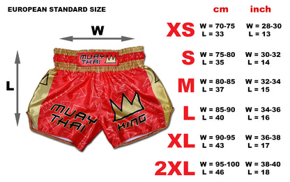 Size chart for Muay Thai King boxing shorts with European standard measurements from XS to 2XL in cm and inch