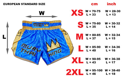 Size chart for Muay Thai King Thaiboxing shorts in royal blue and gold with European standard measurements from XS to 2XL