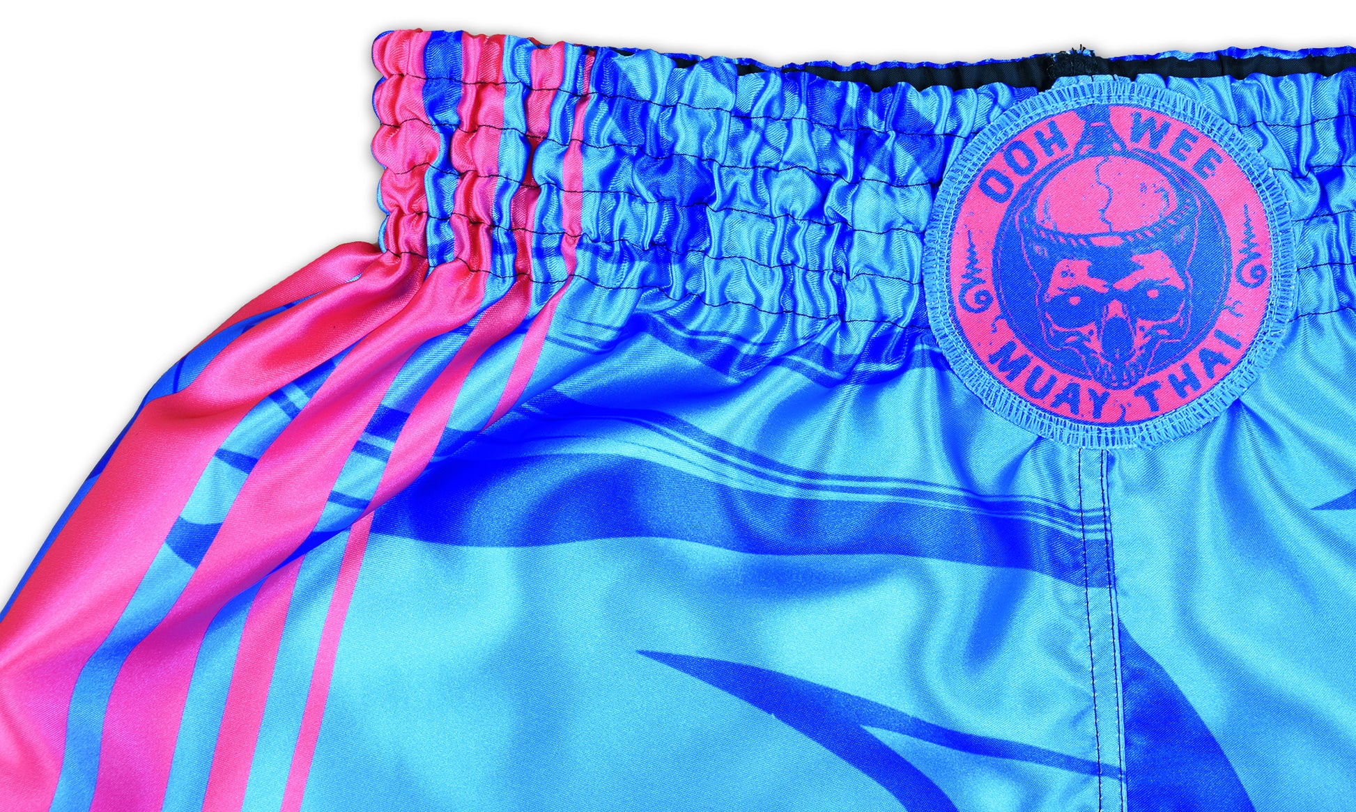 Elastic waistband and detailed stitching on OOWEE blue and pink Muay Thai Shorts
