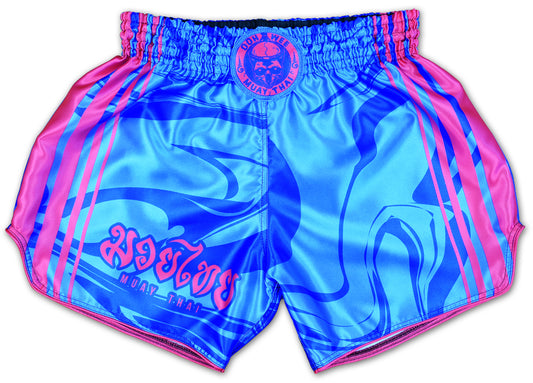 Front view of OOWEE Art of 8 Limbs Muay Thai Shorts in blue and pink handmade in Thailand