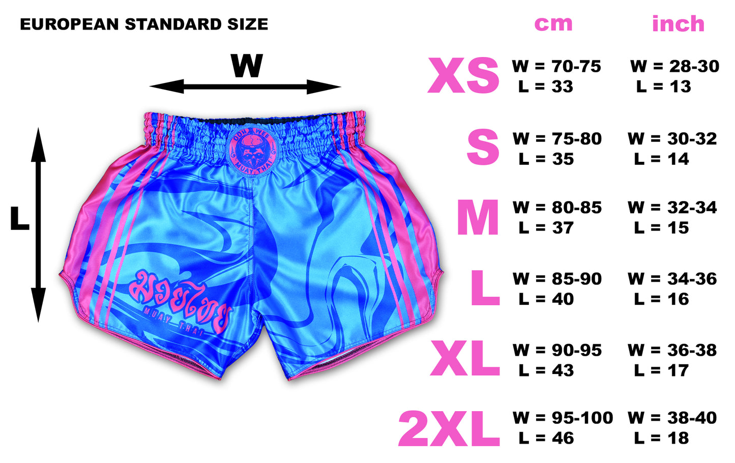 Size chart for OOWEE Muay Thai Shorts showing XS to 2XL measurements in cm and inch
