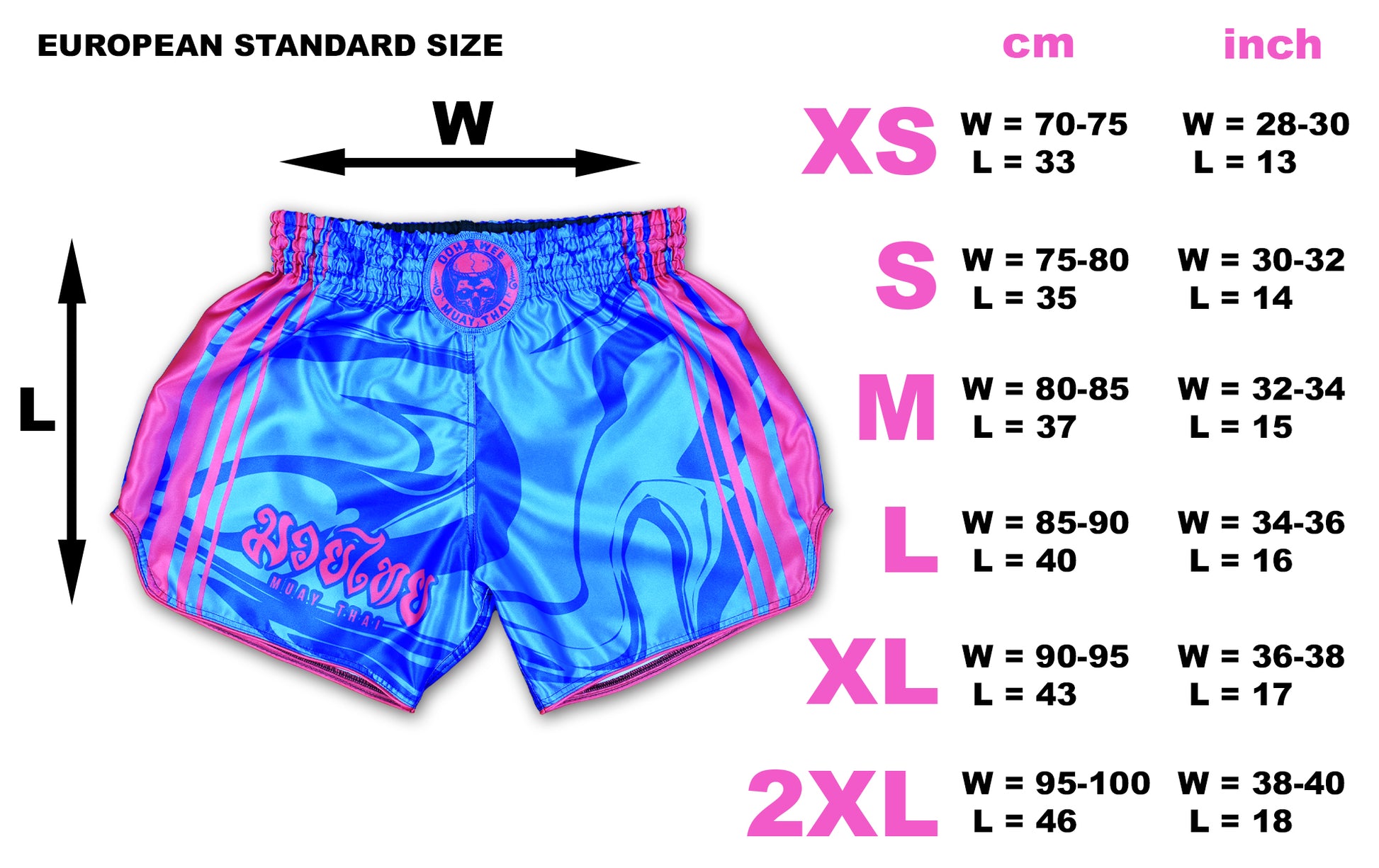 Size chart for OOWEE Muay Thai Shorts showing XS to 2XL measurements in cm and inch