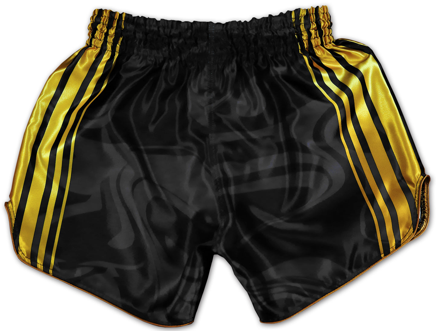 OOWEE Kickboxing Shorts back view showing elegant black satin with bold gold stripes