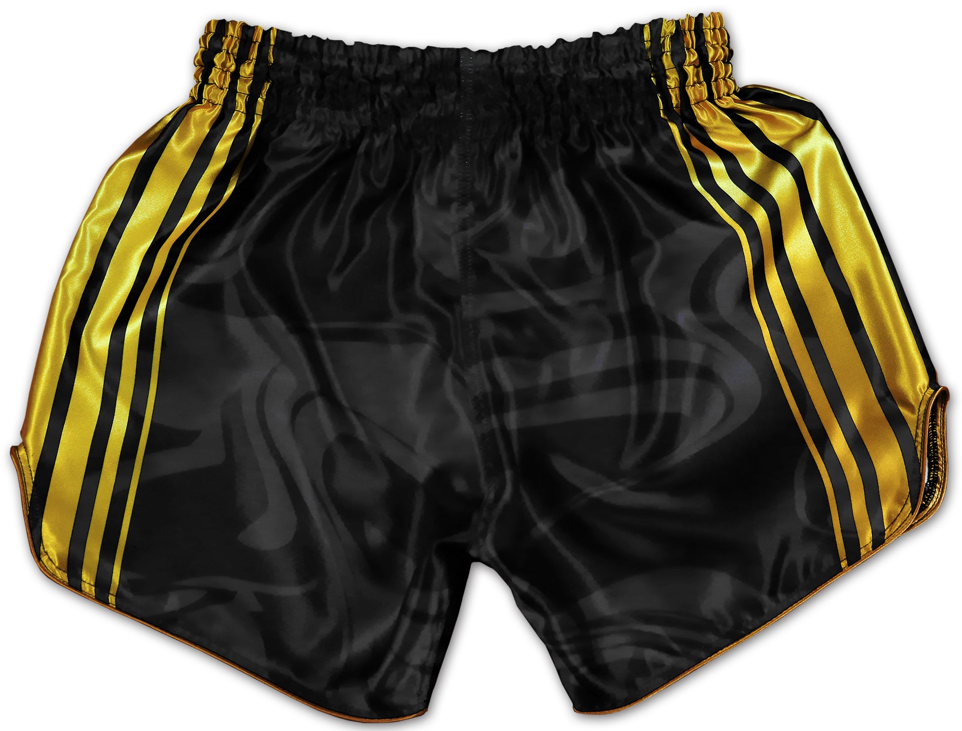 OOWEE Kickboxing Shorts back view showing elegant black satin with bold gold stripes