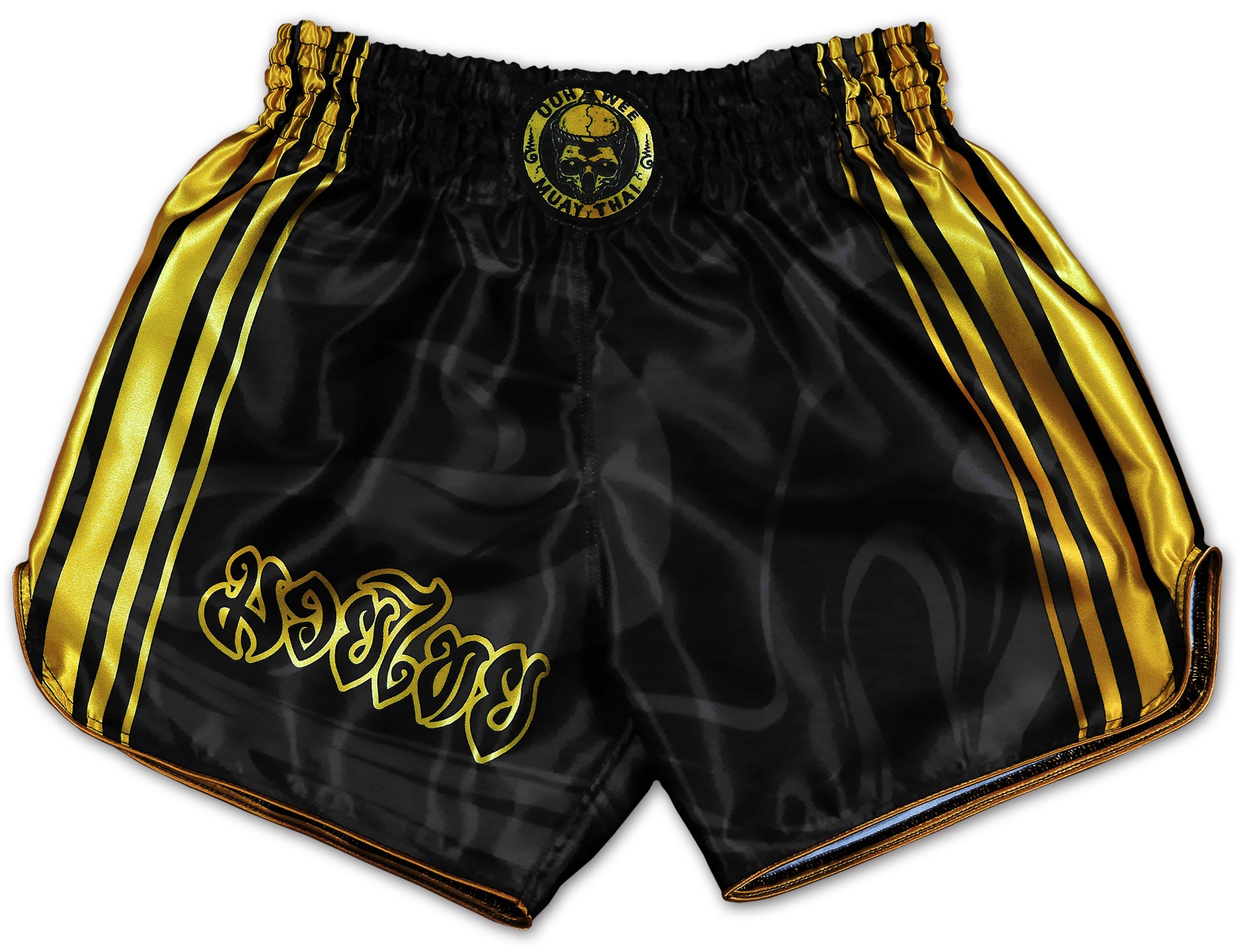OOWEE Kickboxing Shorts in black and gold with Thai script and gold stripes handmade in Thailand